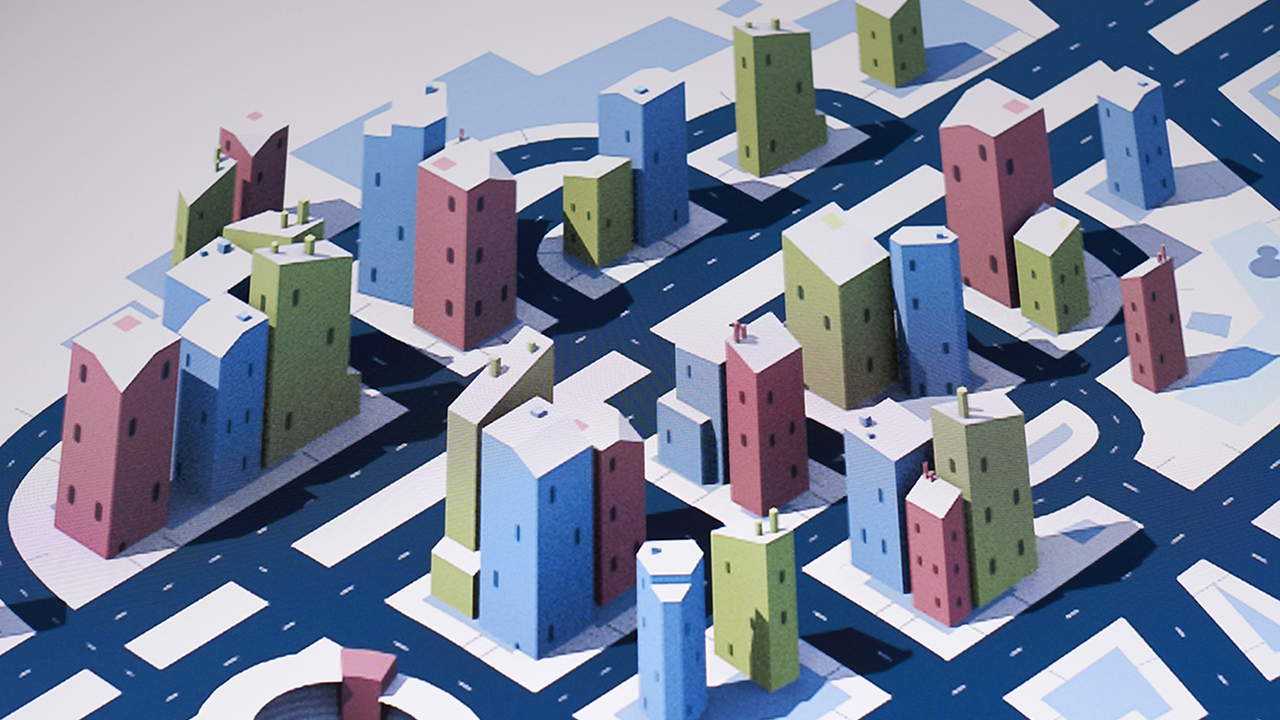 Close-up of stylised city with roads connecting each building.