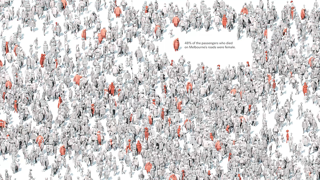 Road to Zero poster, render of hundreds of people, multiple figures coloured red.