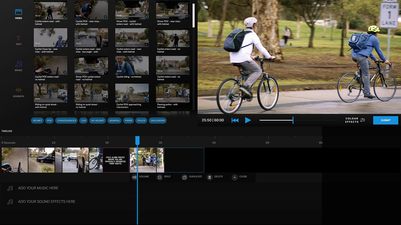Digital audiovisual workspace with various clips of cyclists.